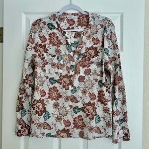 Carve Designs Top L Floral 100% Organic Cotton Boho Henley Long Sleeve Blouse